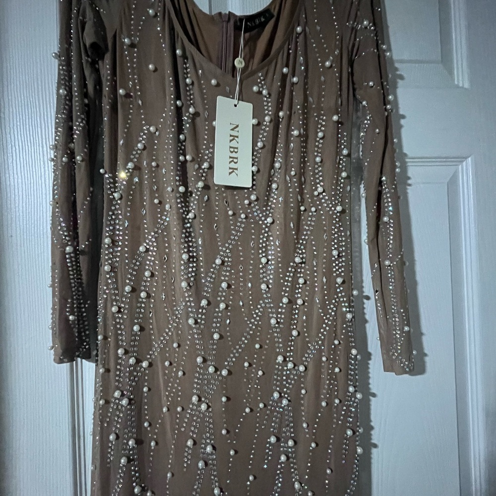 Glamorous Long Sleeve Tan Dress with Embellishments - Picture 3 of 3